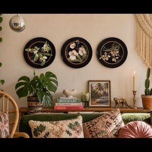 Set of 3 Floral Decorative Wall Plates - Black with Green & Cream Flowers